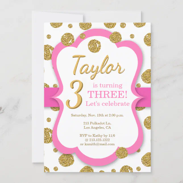 Polka Dot Gold Glitter Girls Birthday Invitation | Zazzle