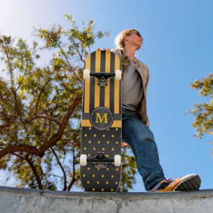 Polka Dot Golden Yellow and Black Stripes Skateboard Deck