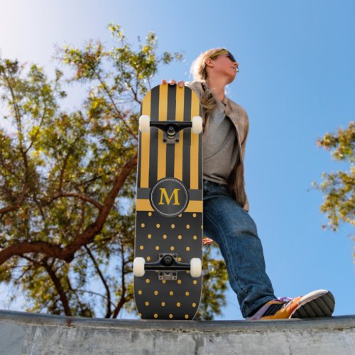 Polka Dot Golden Yellow and Black Stripes Skateboard Deck