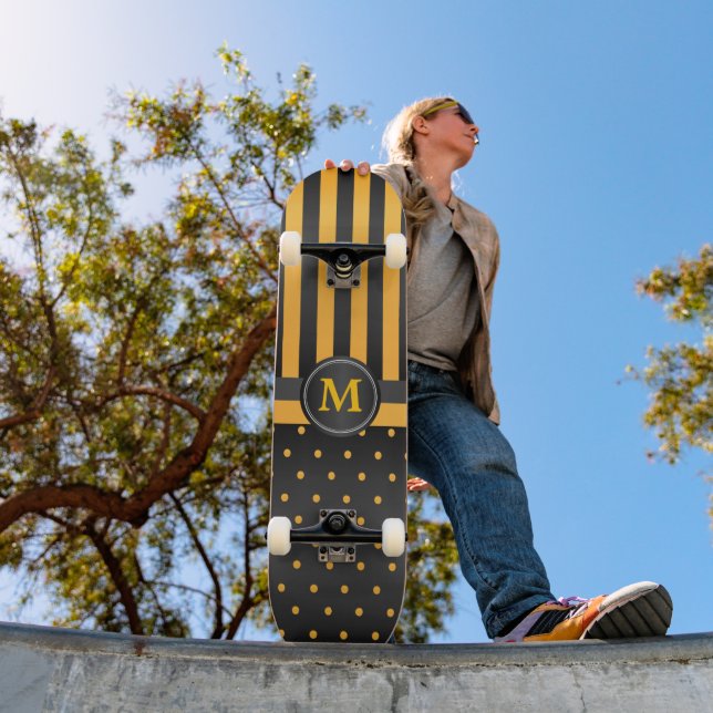 Polka Dot Golden Yellow and Black Stripes Skateboard Deck (Outdoor 1)
