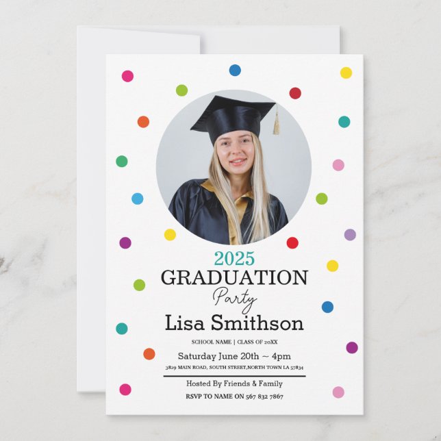 Polka Dot Graduation Confetti Colorful Party Invitation (Front)