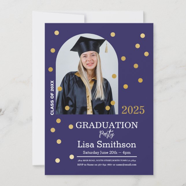 Polka Dot Graduation Confetti Navy Gold Photo Invitation (Front)
