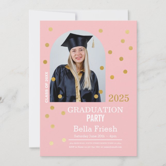 Polka Dot Graduation Confetti Pink Gold Photo Invitation (Front)