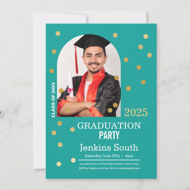 Polka Dot Graduation Confetti Teal Gold Photo Invitation (Front)