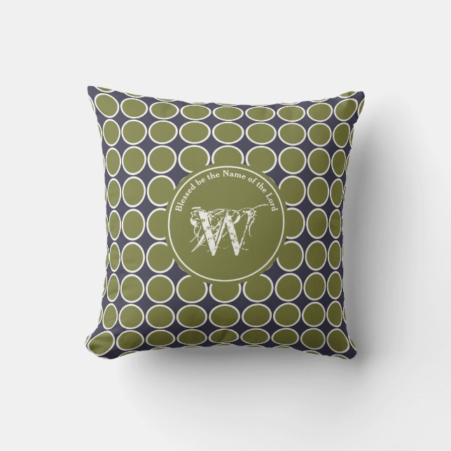 POLKA DOT Gray Green Customized Monogram Scripture Throw Pillow (Front)