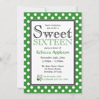 Polka Dot Green & White Sweet Sixteen Invitations