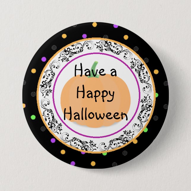 Polka Dot Happy Halloween Black Button (Front)