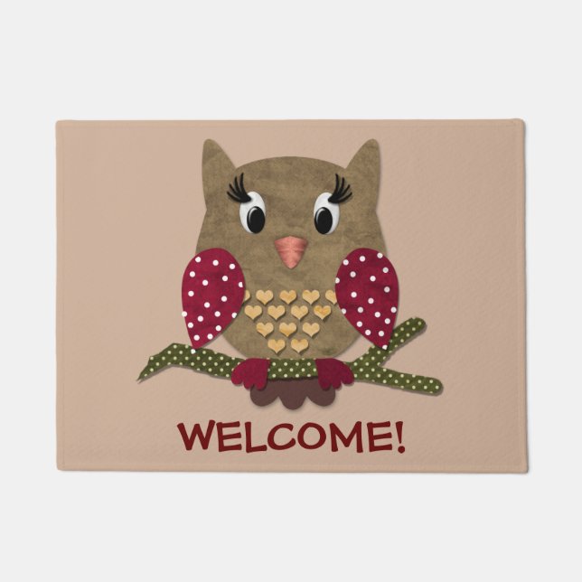 Polka Dot Heart Owl Welcome Doormat (Front)
