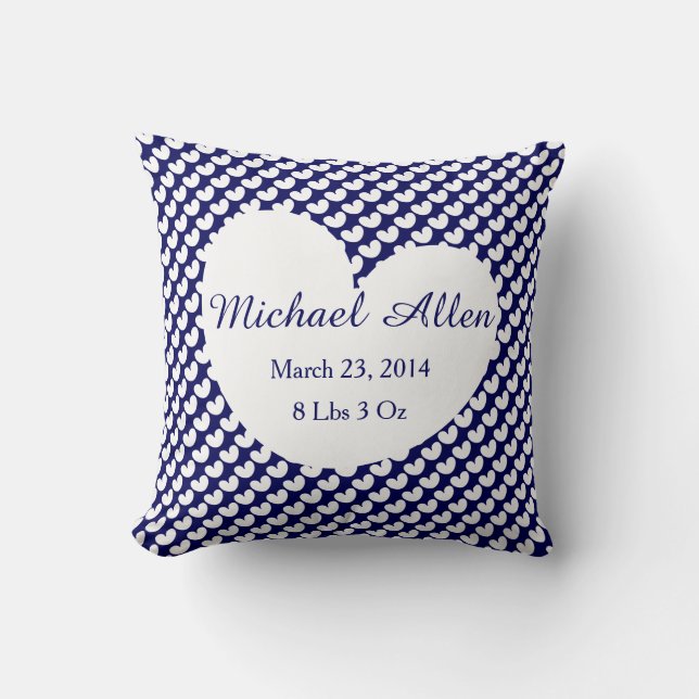 Polka Dot Hearts Personalize w Baby's Info (navy) Throw Pillow (Front)