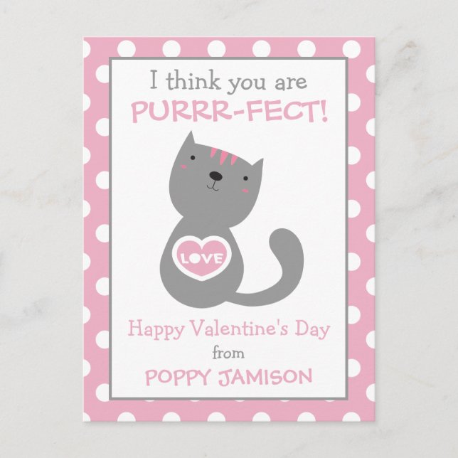 Polka Dot Kitty Cat Personalized Valentine's Cards (Front)