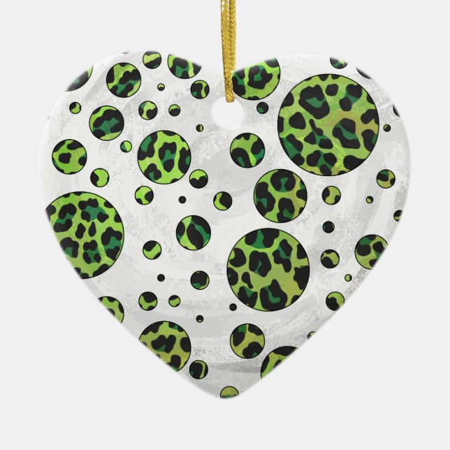 Polka Dot Leopard Black and Green Ceramic Ornament (Front)