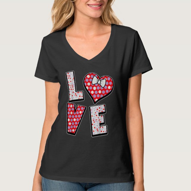Polka Dot Love Heart Bow Tie Valentine's Day  For  T-Shirt (Front)