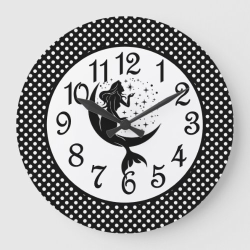 Polka Dot Mermaid In Black Large Clock