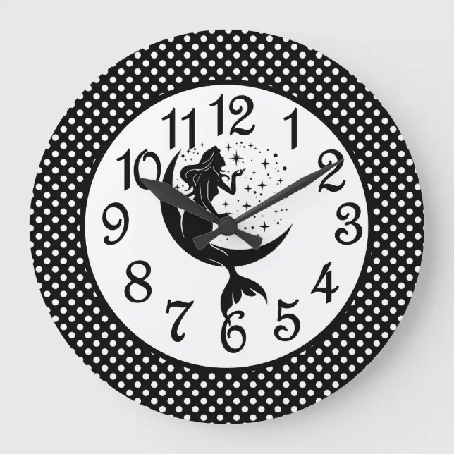 Polka Dot Mermaid In Black Large Clock 