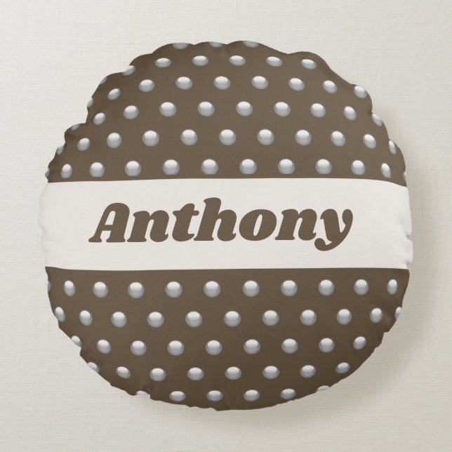 Polka Dot Metallic Silver and Dark Brown Spotted Round Pillow (Front)