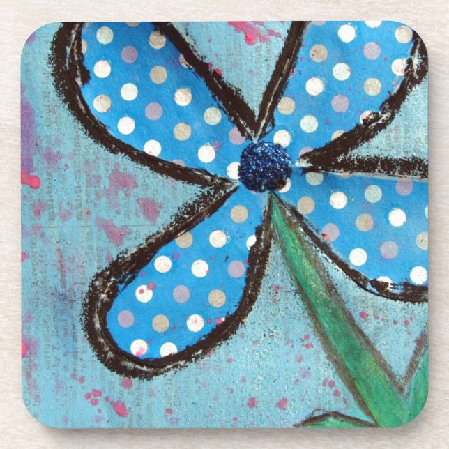 Polka Dot Mixed Media Flower Beverage Coaster (Front)