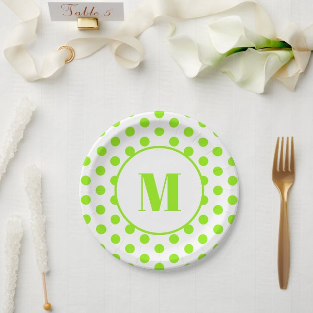 Polka Dot Monogram Initial Lime Green on White Paper Plates (Wedding)