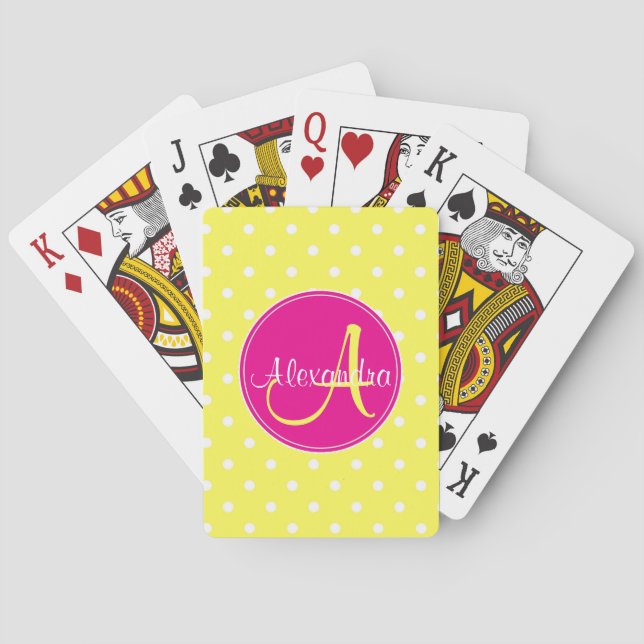 Polka dot monogram initial name chic yellow poker cards (Back)