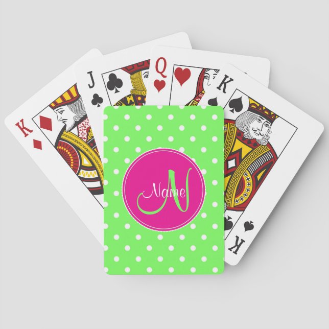 Polka dot monogram initial name stylish green poker cards (Back)