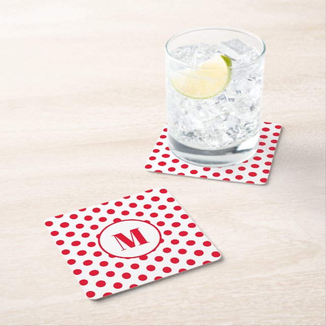 Polka Dot Monogram Initial Red Dots on White Square Paper Coaster (Insitu)