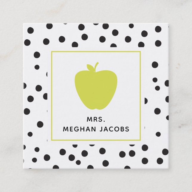 Polka Dot Neon Apple Teacher Square Business Card (Front)