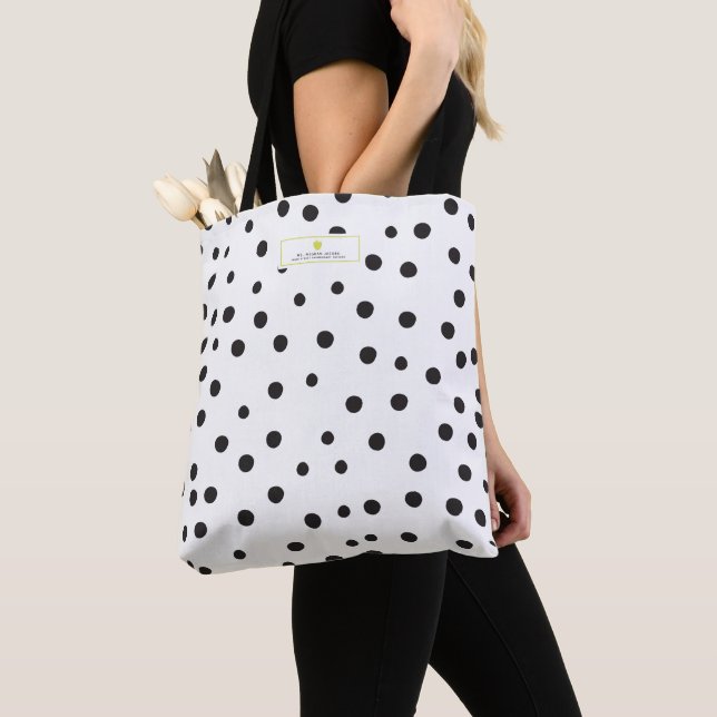 Polka Dot Neon Apple Teacher Tote Bag (Close Up)