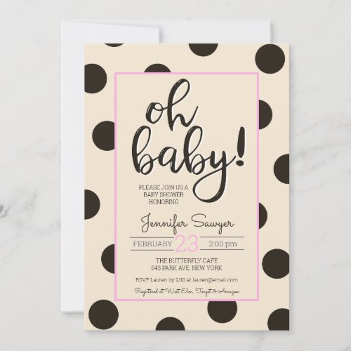 Polka Dot Neutral Black Pink Baby Shower Invitation