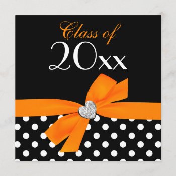 Polka Dot Orange Black Bow Heart Graduation Party Invitation by printcreekstudio at Zazzle