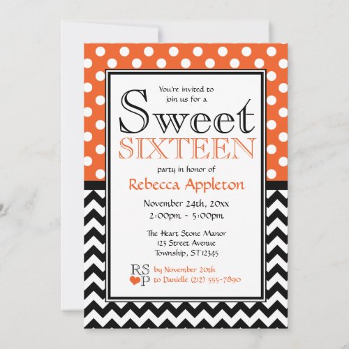 Polka Dot Orange Chevron Sweet Sixteen Invitations