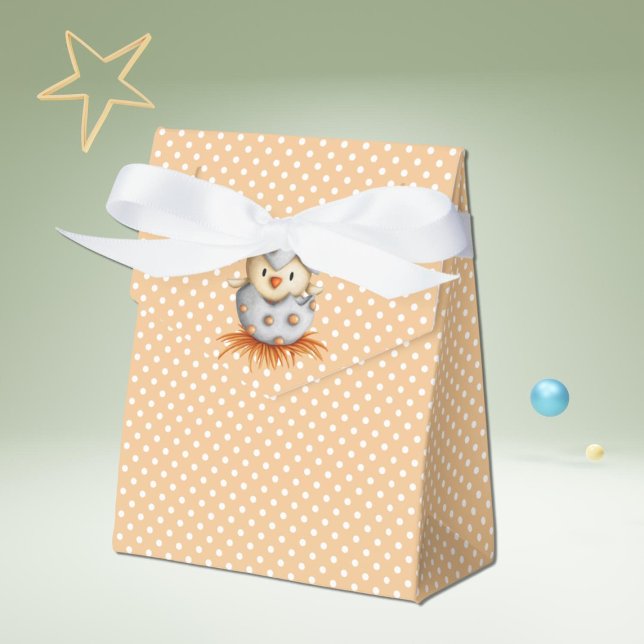 Polka dot orange favor box with a baby bird (Creator Uploaded)