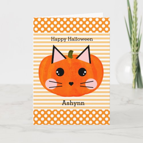 Polka Dot Orange Pumpkin Cat Happy Halloween Card