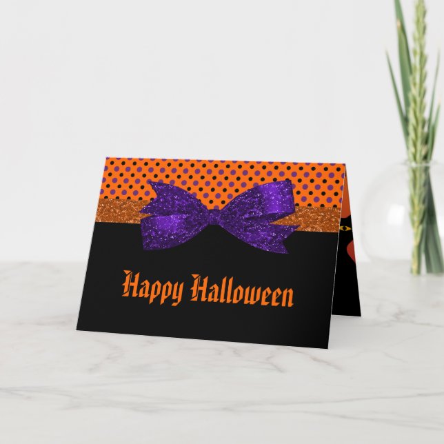 Polka Dot Orange Purple Black Halloween Card (Front)