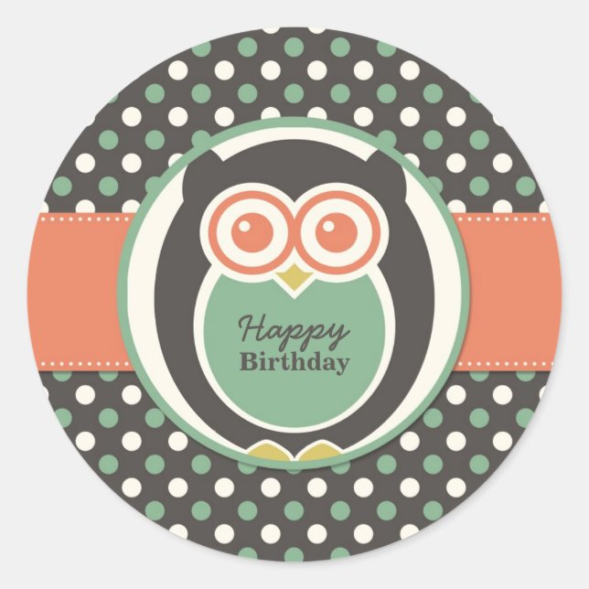 Polka Dot Owl Cartoon Birthday Party Sticker (Front)