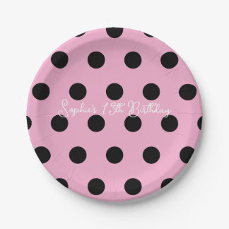Polka Dot Party 13th Birthday - Pink & Black Dot Paper Plates