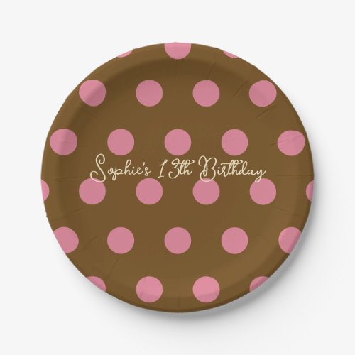 Polka Dot Party 13th Birthday - Pink & Brown Dot Paper Plates