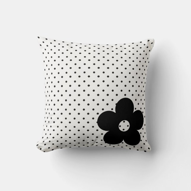 Polka Dot Party Flower in Black and White Throw Pillow (Front)