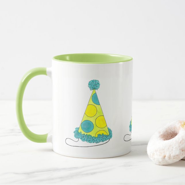 Polka Dot Party Hat Happy Birthday New Year's Eve Mug (With Donut)