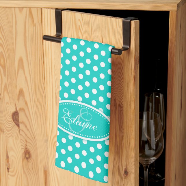 Polka dot pattern aqua custom name monogrammed kitchen towel (Thirds Fold)