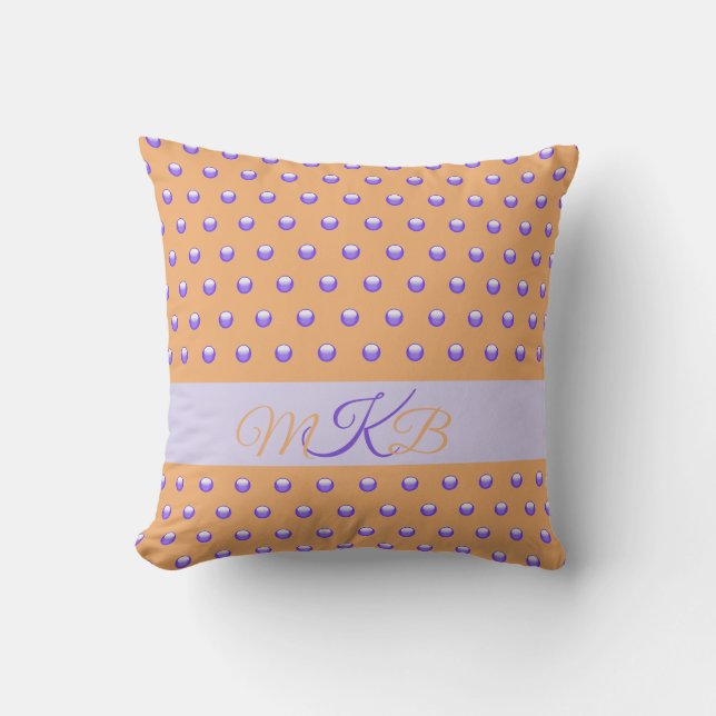 Polka Dot Pattern Blue Peach Monogram Decorative Throw Pillow (Front)