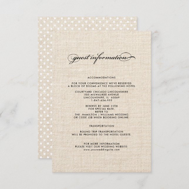 Polka Dot Pattern Burlap Wedding Details Cards (Front/Back)