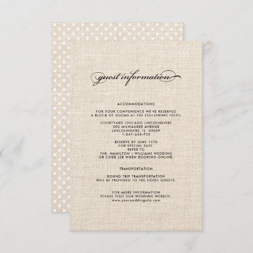 Polka Dot Pattern Burlap Wedding Details Cards