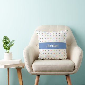 Polka Dot Pattern Custom Name on Blue Stripe Throw Pillow