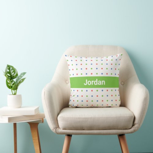 Polka Dot Pattern Custom Name on Green Stripe Throw Pillow