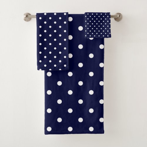 Polka Dot Pattern Elegant Navy Blue And White Bath Towel Set
