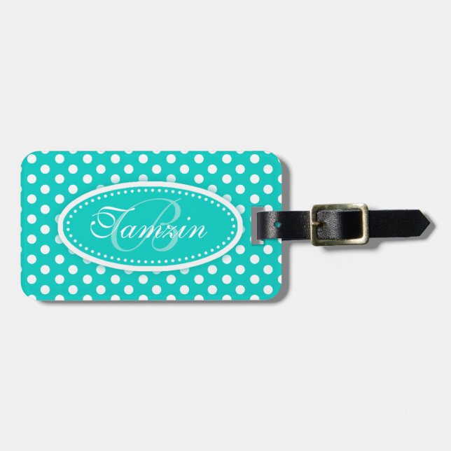 Polka dot pattern named aqua luggage tag (Front Horizontal)
