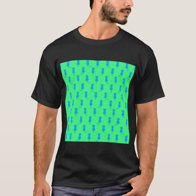 Polka Dot Pattern Pop Art Cat In Blue and Lime T-Shirt (Front)