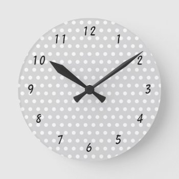 Polka Dot Pattern White And Pale Gray With Numbers Round Clock by Graphics_By_Metarla at Zazzle