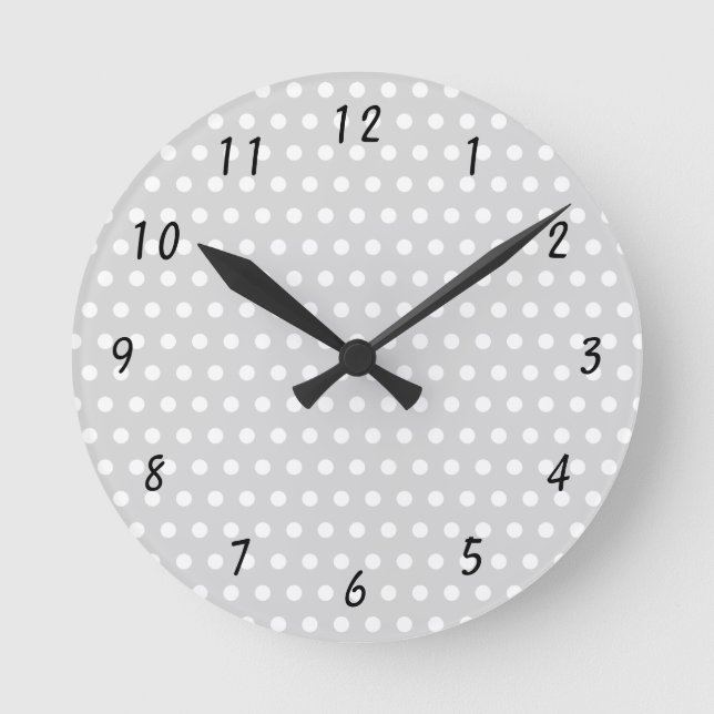 Polka Dot Pattern White and Pale Gray with Numbers Round Clock (Front)