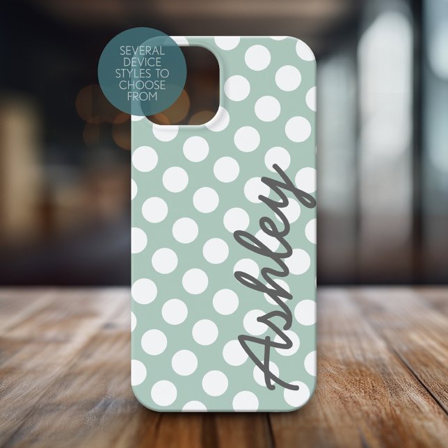 Polka Dot Pattern with name - gray mint Case-Mate iPhone Case (Personalized Phone Case with Polka Dots and Custom Name)