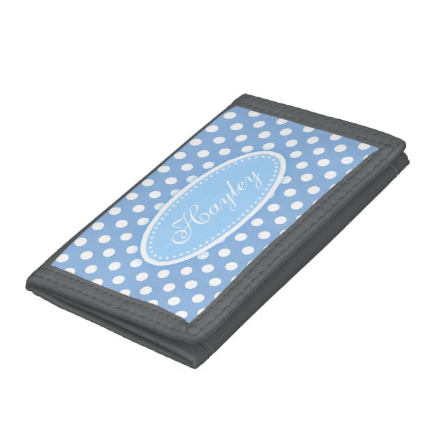 Polka dot patterned blue add your name tri-fold wallet (Bottom)